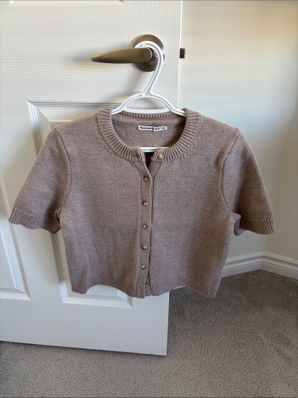 Abercrombie & Fitch Textural Short-Sleeve Crew Cardigan Brown
